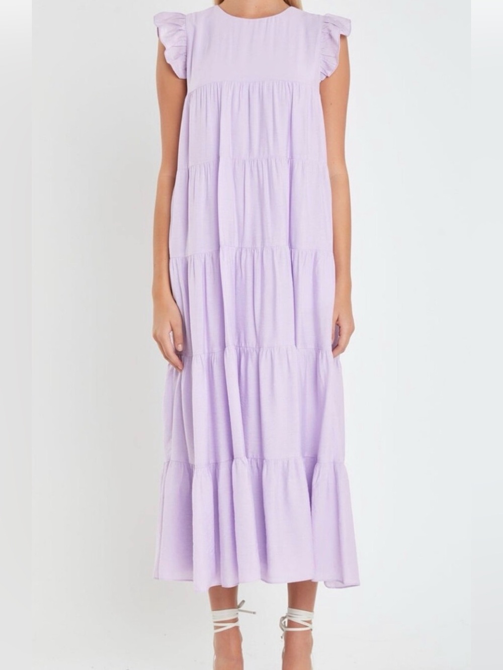 English Factory Lilac Tiered Ruffle Sleeve Maxi Dress sz xs bow in back
